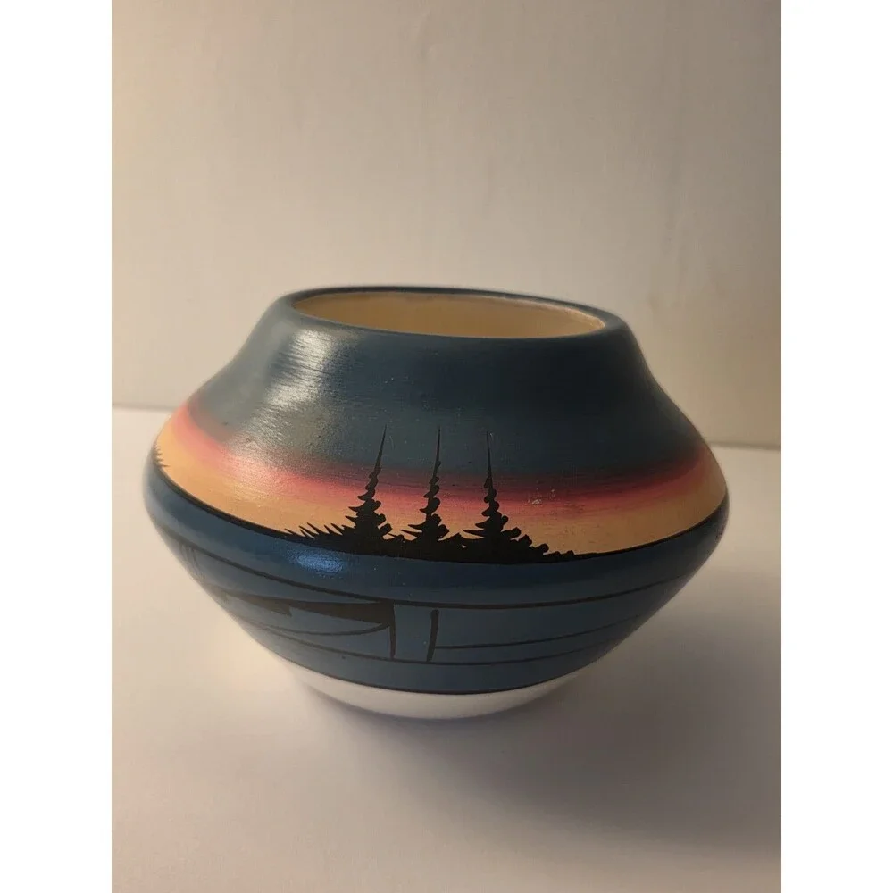 Navajo End Of The Trail Art Pottery Decorative Bowl, Hand-Painted Blue w Sunset.
